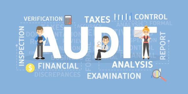 Illustration showing audit-related terms and professionals on a blue background.