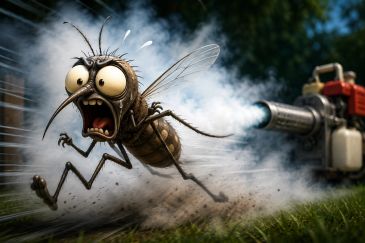 Cartoon mosquito frantically running from a fogging machine.