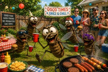 Animated mosquitoes party with food and drinks at a backyard grill gathering.