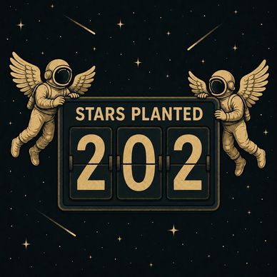Winged astronauts holding a stars planted counter with '202' representing how many art kits have been donated to the WHY ME Foundation.