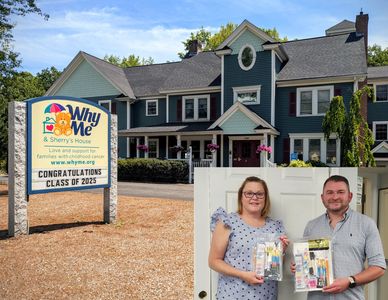 Two people holding art supply kits at Why Me & Sherry's House; Artist Nick Jackson of Astronauts With Angel Wings, and Rebecca Kuczarski, Director of Sherry's House.