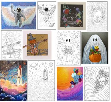 Collage of colorful holiday and space-themed original art along with black and white paint pages for kids.