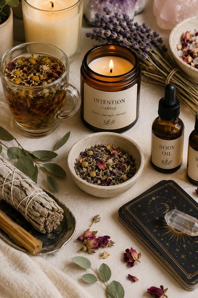 A calming arrangement of candles, herbs, body oil, and tarot cards for relaxation.
