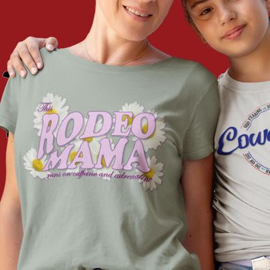 Image of Rodeo Mama t-shirt and Do or Die Cowgirls t-shirt on models of mom and daughter.