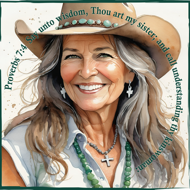 Inspirational Bible verse surrounding image of a mature, smiling, cowgirl in jewelry and cowboy hat.