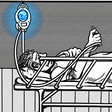 Patient lying in a hospital bed with an IV drip.