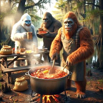Three friendly apes cooking and enjoying a meal outdoors in a forest.