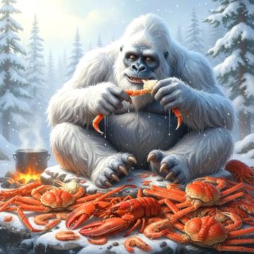 A yeti enjoys eating crab legs in a snowy forest.