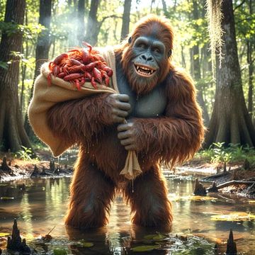 A friendly orangutan carrying a sack of crawfish in a swamp.