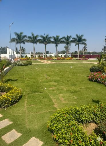 A well-maintained garden with palm trees and colorful flowers under a clear blue sky.