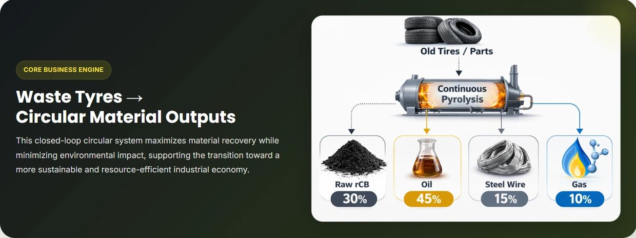 Diagram showing waste tyre recycling into oil, steel wire, gas, and carbon via pyrolysis.