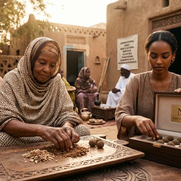 Two women processing nuts in a traditional outdoor setting.