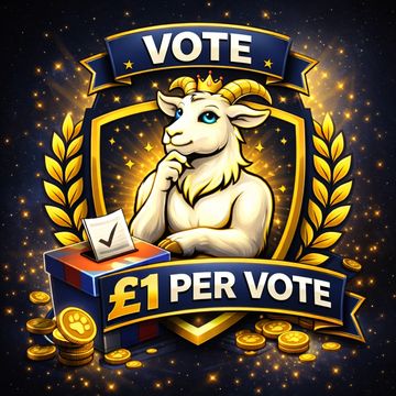 A crowned goat mascot promotes voting with a £1 per vote message.