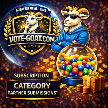 Cartoon goat mascot promoting vote-goat.com with colorful lottery balls and gifts.