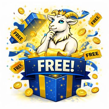 A crowned goat popping out of a gift box with free tickets and coins.