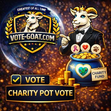 A goat mascot promotes voting for a charity pot on vote-goat.com.