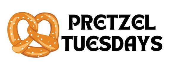 A salted pretzel illustration with bold text 'Pretzel Tuesdays'.