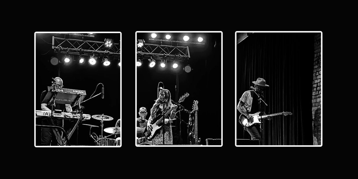 Black and white images of musicians performing on stage.
