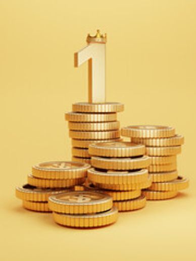 Image of a stack of gold coins with the #1 atop with a crown.
