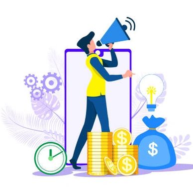 Cartoon image of a dentist with a megaphone promoting their practice with bags of money and coins.