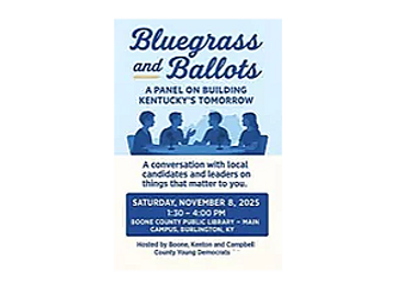 Event flyer for 'Bluegrass and Ballots' panel in Kentucky on November 8, 2025.