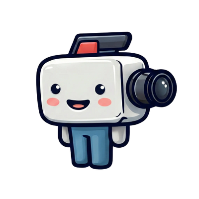 Cute cartoon camera character with a smiling face and blushing cheeks.