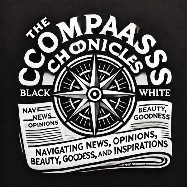 Black and white compass design with news and inspiration themes.