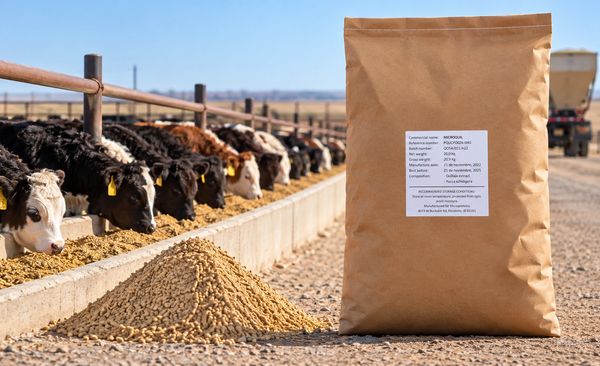 Cattle feeding on farm with packaged animal feed.
