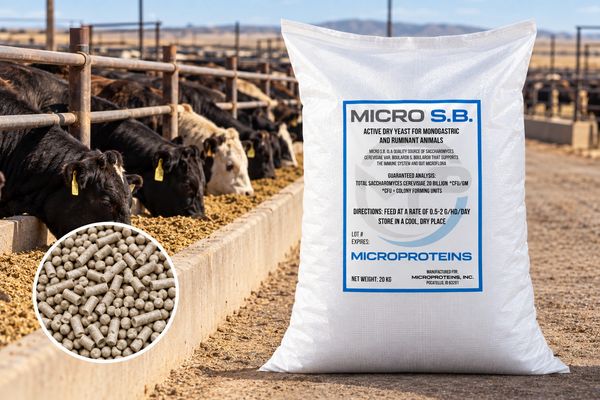 Bag of Micro S.B. yeast supplement for cattle feed.