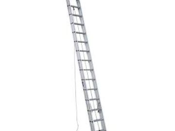 A tall, silver extension ladder with a rope for adjusting height.
