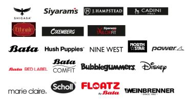 Collection of popular brand logos including Bata, Disney, Scholl, and more.