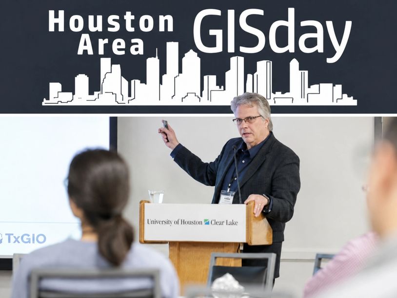Man giving a presentation at Houston Area GISday event.