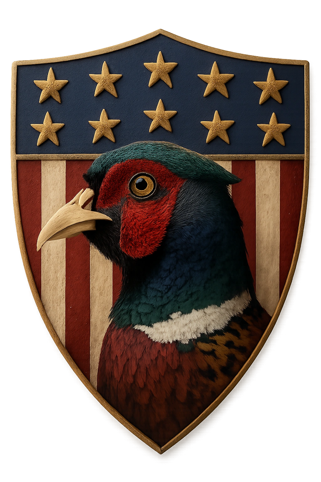 A pheasant head on a patriotic shield with stars and stripes.