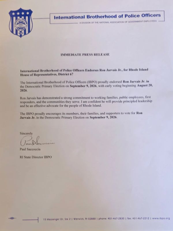 Press release endorsing Ron Jarvais Jr. for Rhode Island House of Representatives.