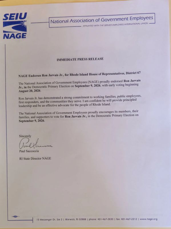 Press release endorsing Ron Jarvais Jr. for Rhode Island House of Representatives.