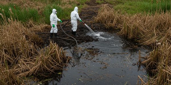 PC Bio techs applying microbial solution of hydrocarbon spill in creek
