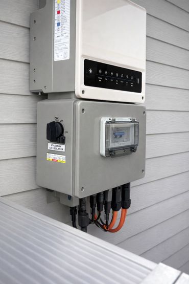 Electrical PV array isolator box mounted on a house exterior with connected cables.