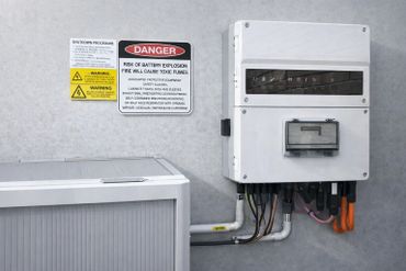 Electrical equipment with danger and shutdown procedure warning signs on a wall.
