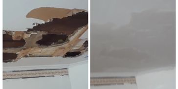 Before- Water damaged bedroom ceiling
After- Drywall, tape, and compound installed for repair
