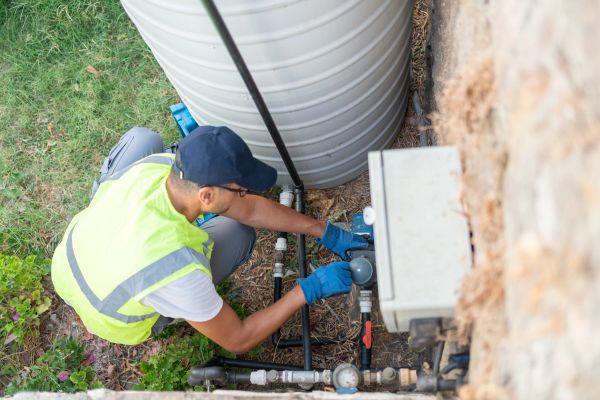 Technician inspecting residential utility connections
