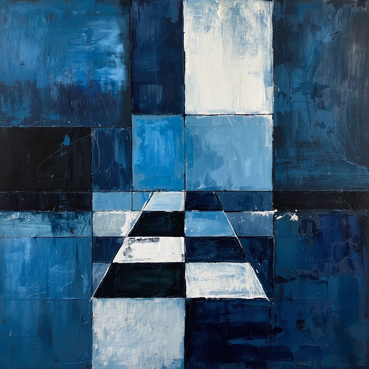 Abstract blue and white geometric painting with checkerboard effect.