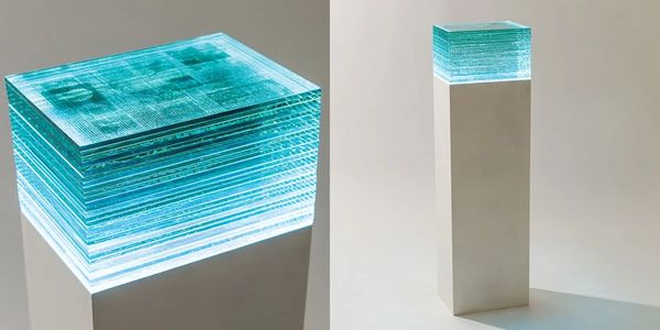 Encyclopaedic pages on sheets of glass, photography, James Field. 