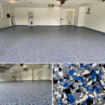 Clean garage with new epoxy floor coating.