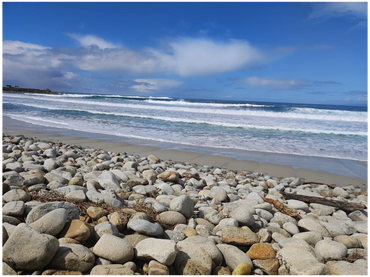 Rocky beach with waves under a partly cloudy blue sky.