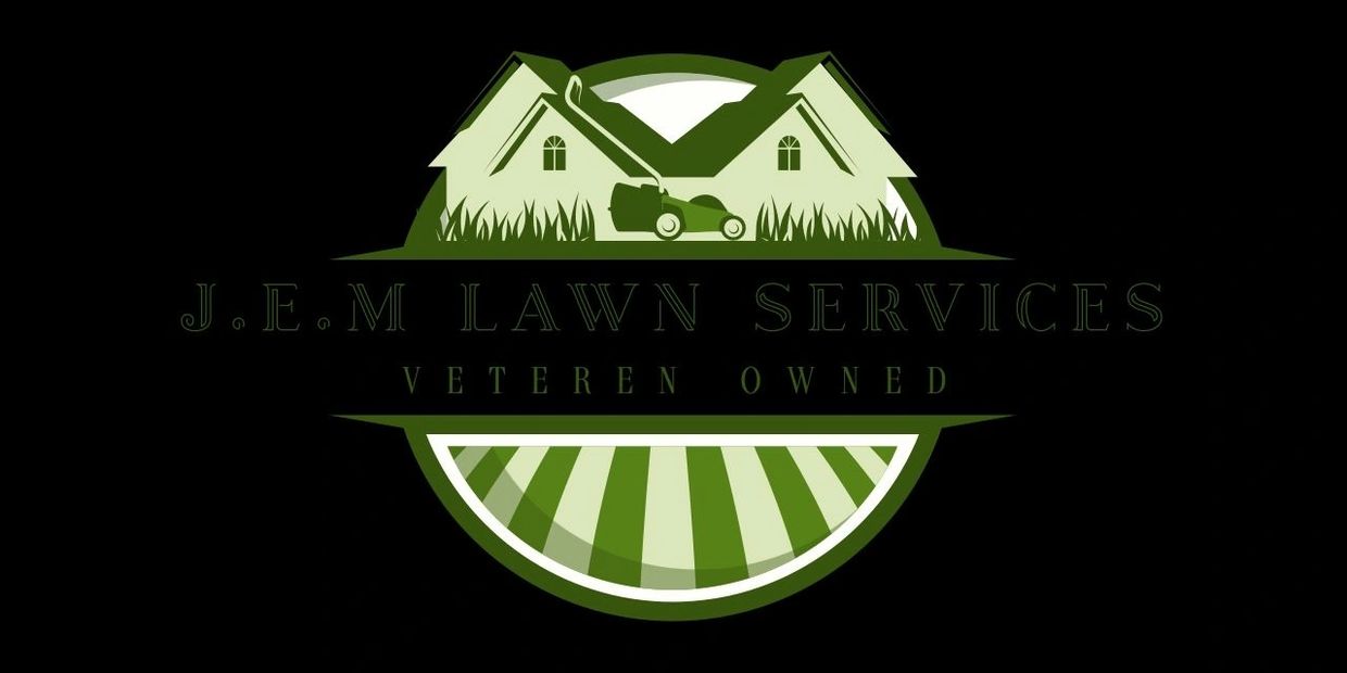 Logo for J.E.M Lawn Services, veteran owned, with green houses and a lawn mower.