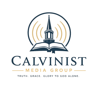 Logo of Calvinist Media Group featuring a church steeple and open book.
