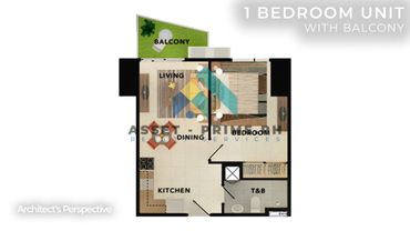 Floor plan of a 1-bedroom unit with a balcony and essential living spaces.