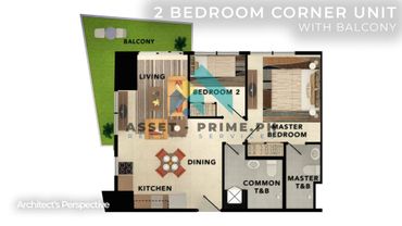 2-bedroom corner unit floor plan with balcony, living, dining, kitchen, and two bathrooms.