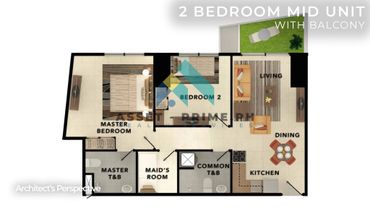 Floor plan of a 2-bedroom mid unit with balcony, including living, dining, kitchen, and maid's room.