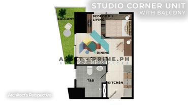 Floor plan of a studio corner unit with balcony, kitchen, dining, bedroom/living, and bathroom.